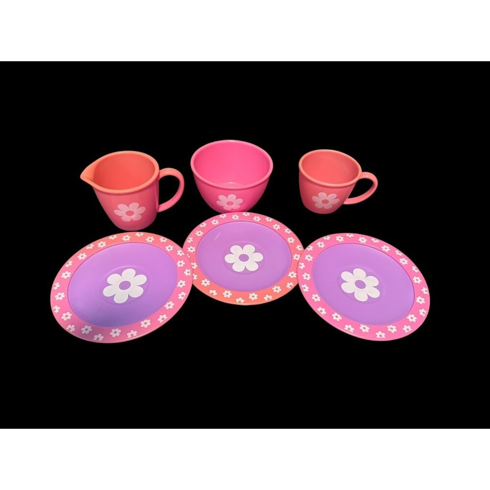 Doll house Play Tea Set With Daisy Design - 6 Piece Pink & Purple Plastic Cup &